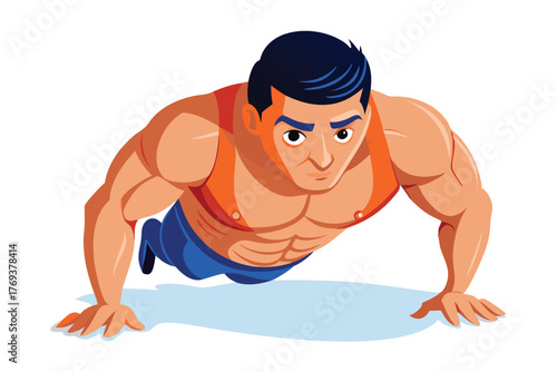 bodybuilder performing a push up on white-background