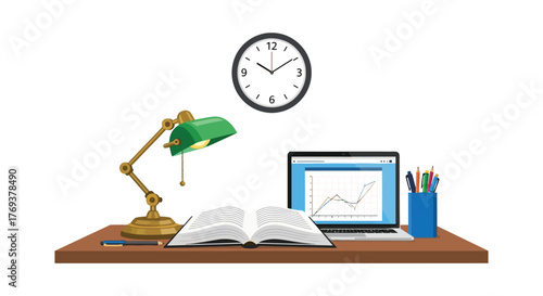 A desk with a book, laptop, lamp, and clock, representing education and work.