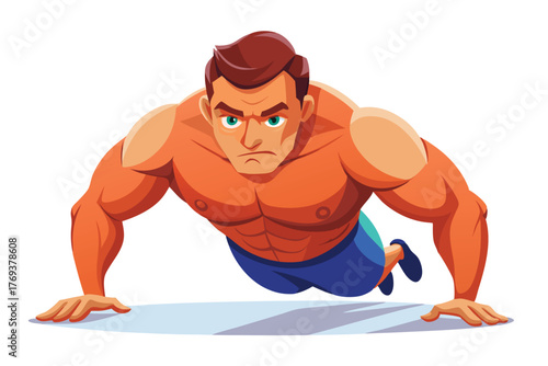 bodybuilder performing a push up on white-background