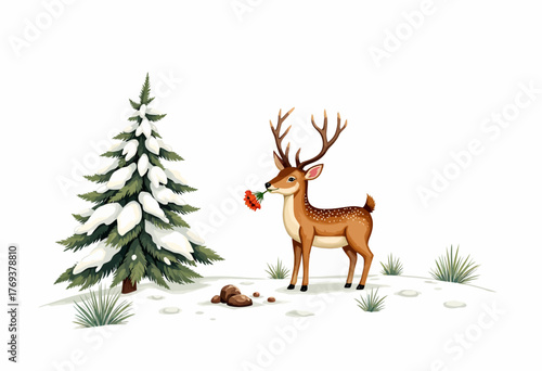 Graceful Deer Holding Ornament in Wintry Forest with Snow-Covered Evergreen and Gentle Breeze Creating a Serene Seasonal Holiday Scene