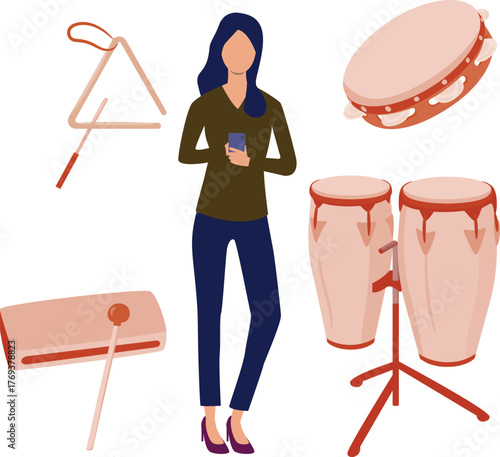 The girl is standing next to conga drums