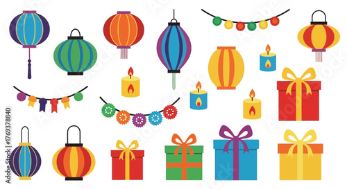 A collection of colorful decorative elements including lanterns, gift boxes, and candles.