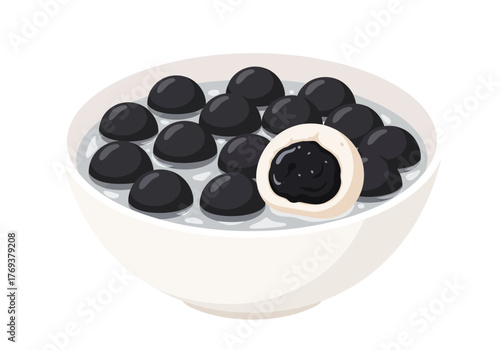 Bowl of black sesame tangyuan in sweet soup, a traditional Chinese dessert.