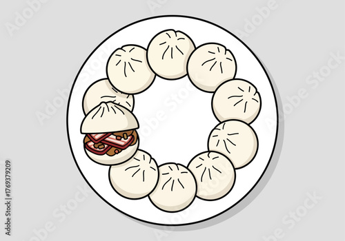 Top-down vector illustration of steamed Chinese pork buns, with one cut open revealing the char siu filling.
