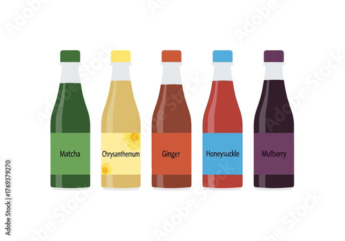 Five bottles of different colored liquids with labels, showcasing various flavors.