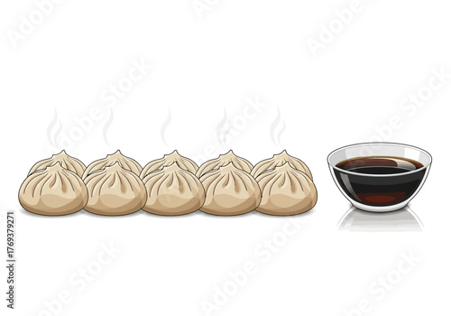 Illustration of steamed dumplings with a bowl of soy sauce on a white background.