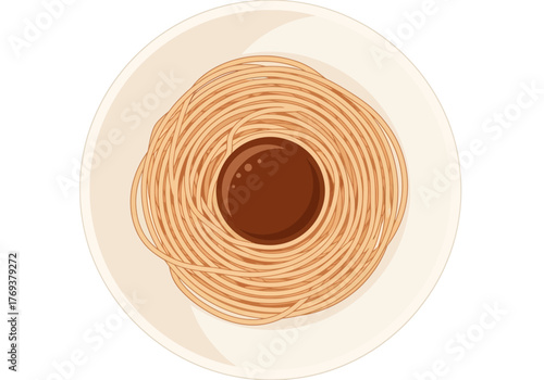 A top-down view of a plate of spaghetti with a rich, brown sauce in the center.