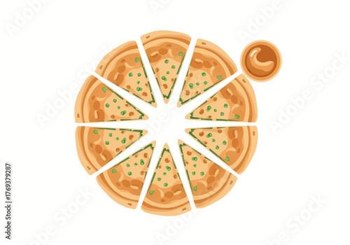 A delicious pizza cut into eight slices, with a small bowl of dipping sauce on the side, presented from a top-down perspective.