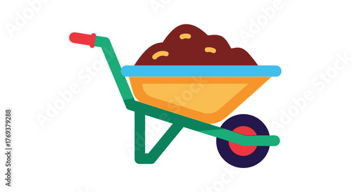A wheelbarrow filled with soil is ready for gardening tasks.