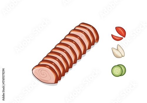 Illustration of sliced meat with tomato, garlic, and cucumber on the side.