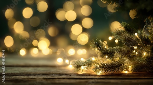 Weihnachtslichter am Tannenzweig mit Bokeh
