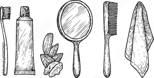 hand-drawn sketch of dressing table item, mirror, brush,tootpaste