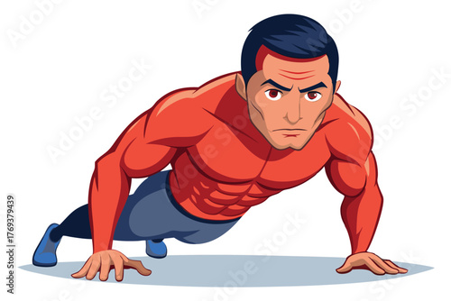 bodybuilder performing a push up on white-background