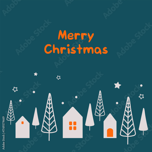 Christmas night landscape with houses and trees in cute flat style