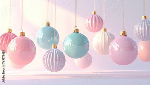 Pastel colored Christmas ornaments hang gracefully, creating serene and festive atmosphere