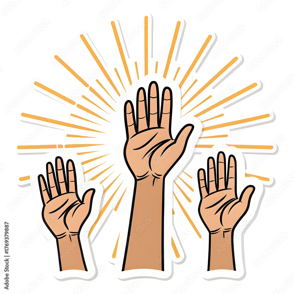 Obraz premium Hands raised with shining rays in sticker style, symbolizing hope, blessing, and divine light, isolated on a clean
