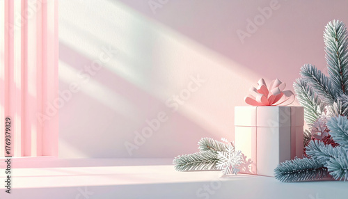 Beautifully wrapped gift box with bow sits beside snow covered pine branches, casting soft shadows in serene, festive setting