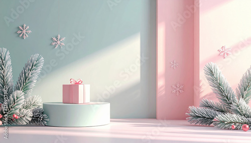 Festive pastel scene with gift box on pedestal, surrounded by pine branches and snowflakes, creating serene holiday atmosphere