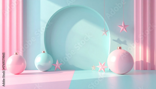 Pastel colored Christmas ornaments and stars create festive, modern holiday scene