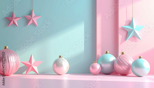 Pastel colored Christmas ornaments in pink and blue create festive and serene holiday atmosphere