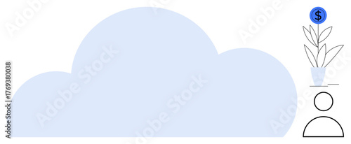 Large cloud with user figure and plant sprouting a coin. Ideal for technology, investment, innovation, growth, sustainability, data management, cloud computing. A simple flat metaphor