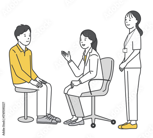 患者を診察する医者と看護師のシンプルイラスト素材