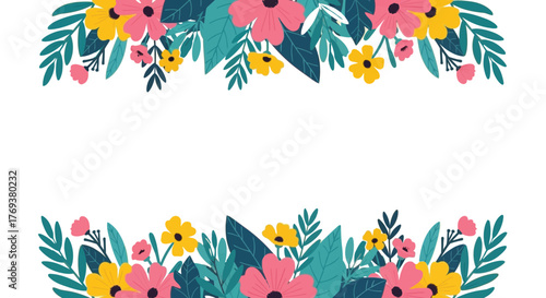 A vibrant floral border design featuring pink and yellow flowers interspersed with teal leaves, set against a clean white background.
