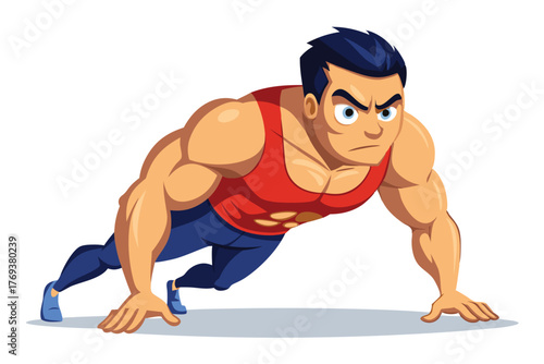 bodybuilder performing a push up on white-background