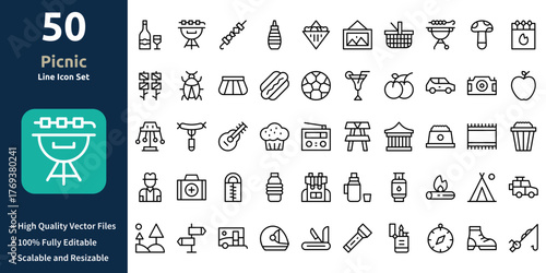 Picnic icon set in Outline style. Minimilist and trendy Icon set. Containing Icons,Wine,Bbq equipment,Skewers,Sauce,Sandwich,and so on.