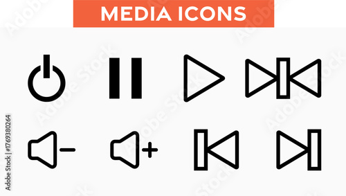 Pack of Media Icons - Pause, Play, Forward, Backward, Volume up, Volume down, power -6.eps