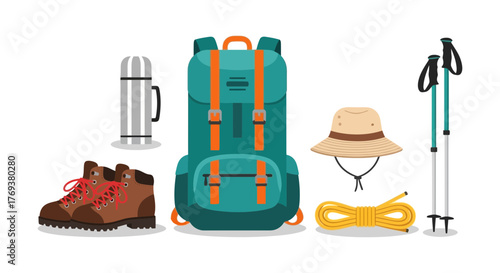 Essential gear for a hiking and camping adventure is laid out.