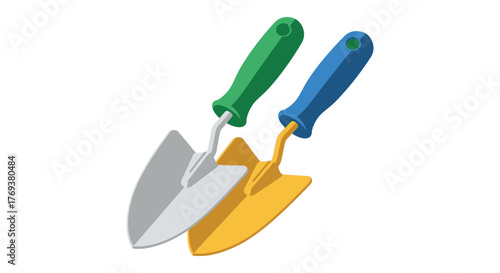 Two gardening trowels with colorful handles are ready for use in the garden.