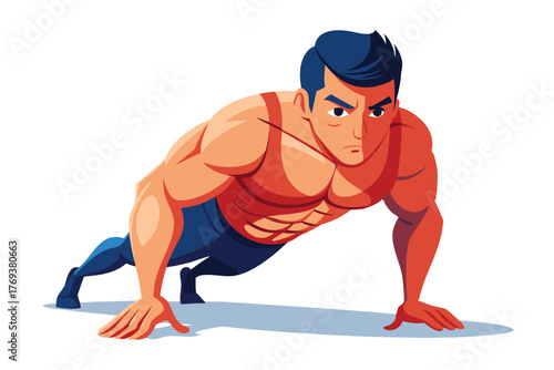 bodybuilder performing a push up on white-background
