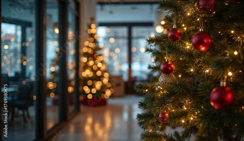 Festive Christmas tree in a modern office