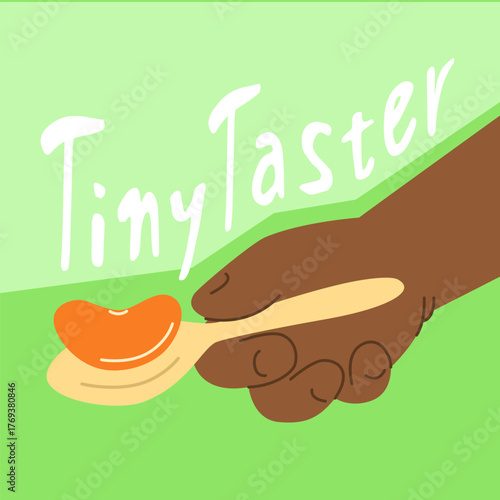 Food for young children a tangerine in a spoon. Cartoon illustration of fruit for toddler. Tiny taster