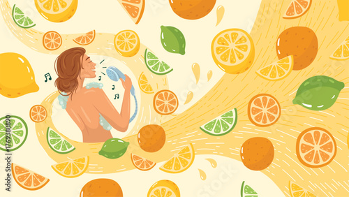 A girl sings in the shower, splashed with juice. Flying lemon and orange in fresh citrus juicy.