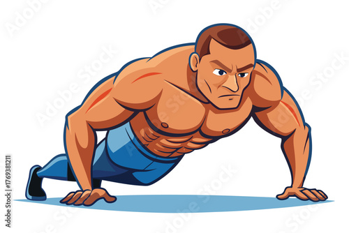 bodybuilder performing a push up on white-background