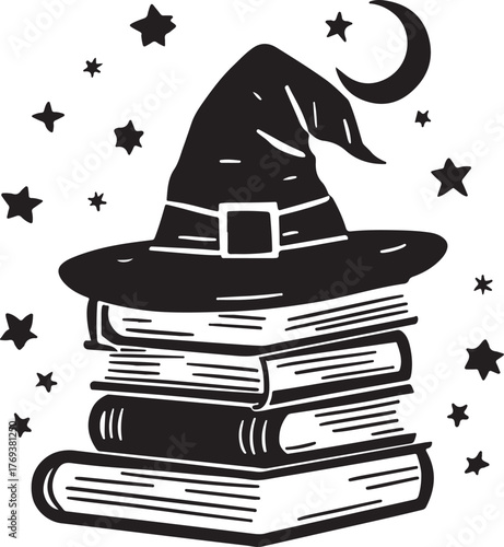 Charming stack of books with a witch’s hat illustration, perfect for Halloween or magical fantasy themes.