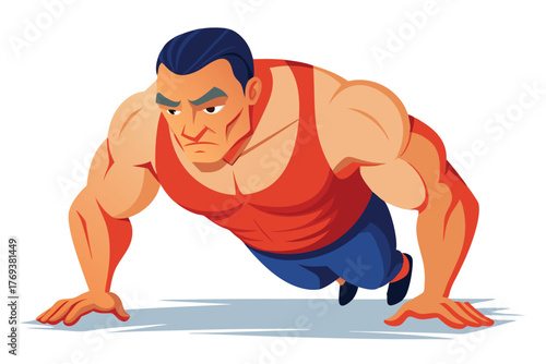 bodybuilder performing a push up on white-background