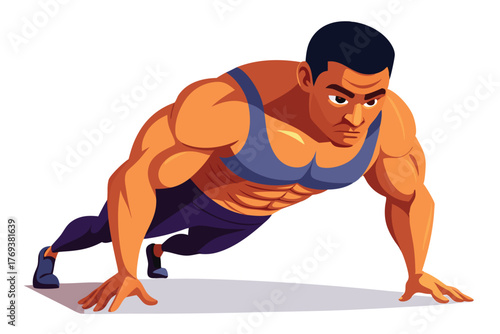 bodybuilder performing a push up on white-background