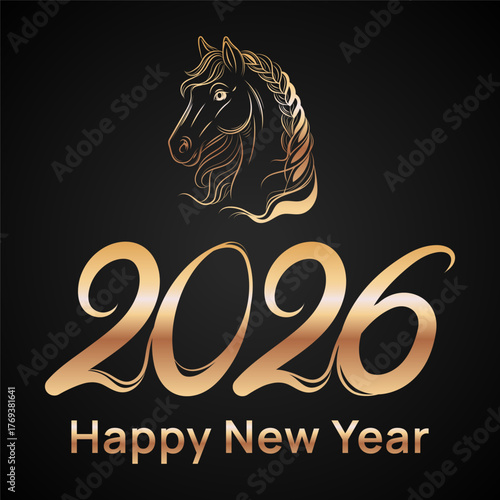 Luxury Gold 2026 New Year greeting with elegant gold typography and horse head logo on a black, for greeting cards, social media posts, invitations, calendars, banners, promo, luxury branding. Vector