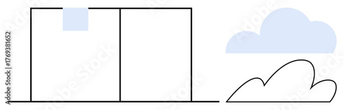 Geometric building silhouette with a small window and a blue abstract cloud. Ideal for architecture, weather, minimalism, environment, urban, modern design, simple flat metaphor