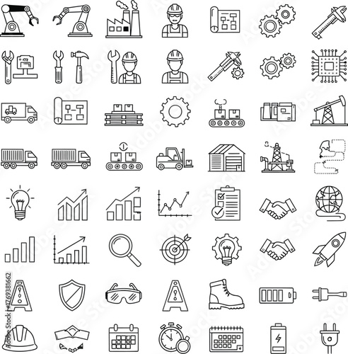 Detailed engineering blueprint icons show industrial innovation manufacturing and mechanical technologies