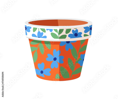A colorful terracotta flower pot decorated with blue flowers and green leaves.