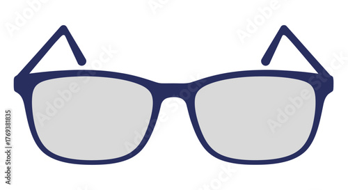 A pair of dark blue-rimmed eyeglasses rests against a plain background.