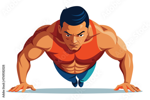 bodybuilder performing a push up on white-background