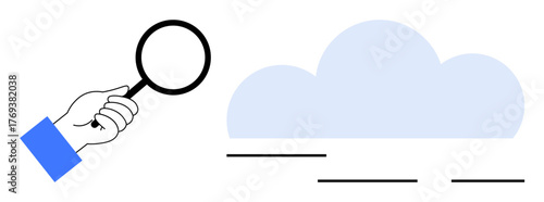 Hand holding magnifying glass exploring lines beneath a cloud. Ideal for research, data collection, cloud computing, analysis, investigation, search, innovation. Simple flat metaphor