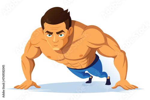 bodybuilder performing a push up on white-background