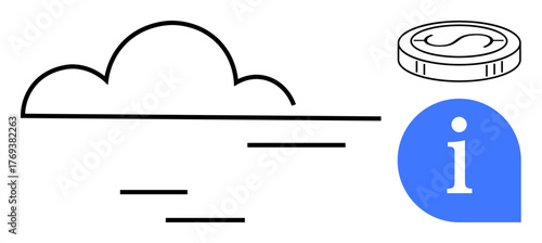 Cloud with horizontal lines symbolizing data transfer, blue information icon, and coin. Ideal for technology, finance, cloud services, digital economy, information sharing, fintech modern economy