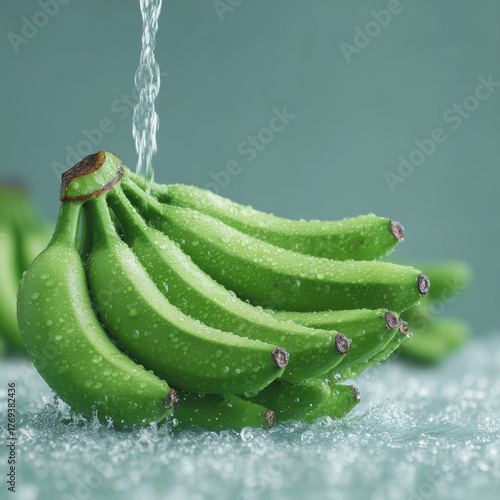 Fresh Green Bananas Under Running Water with Water Droplets and Healthy Vibes